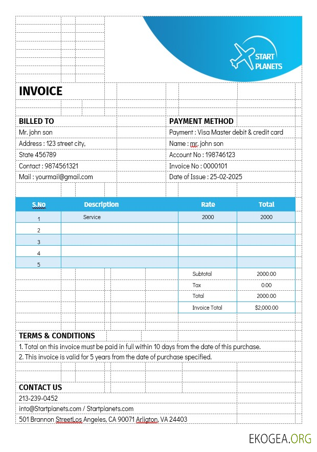 Modèle de facture de services d'aviation de compagnies aériennes